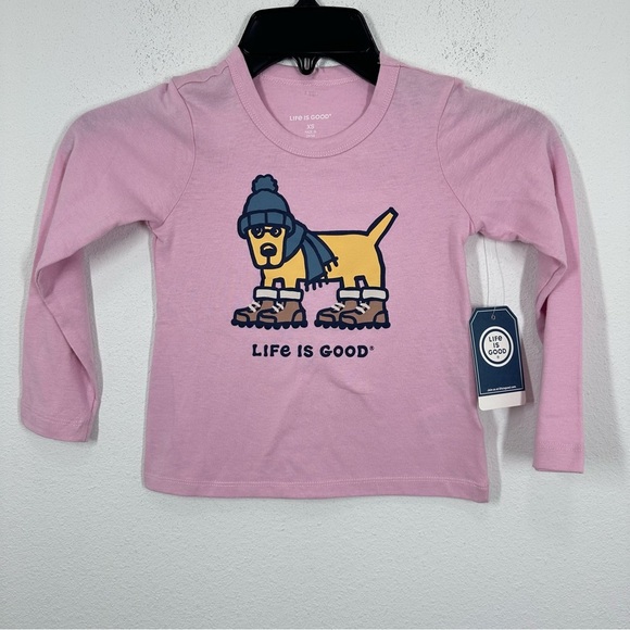 Life is‎ Good Girls Pink Long Sleeve Tee Yellow Dog Puppy in Scarf Boots Winter - Picture 1 of 4